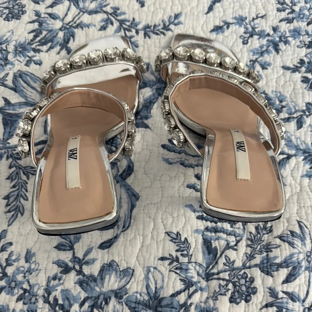 Zara Silver Metallic Jeweled Heels